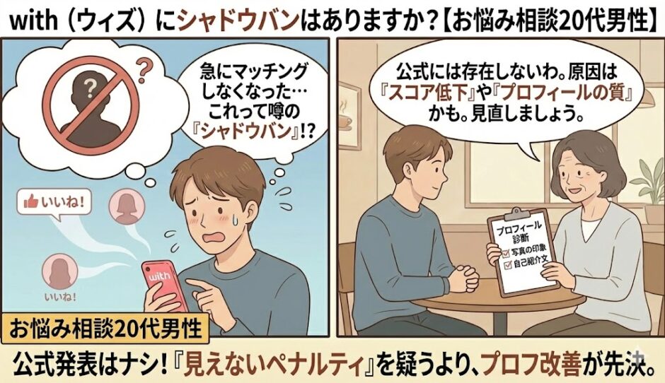 with（ウィズ）で急にマッチングしなくなりシャドウバンを疑う20代男性と、プロフィール改善を促す相談員のイラスト【2コマ漫画アイキャッチ】（AI生成イメージ）