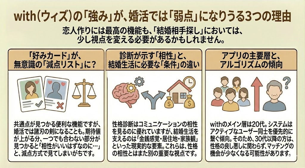 with（ウィズ）の機能が婚活においては弱点になりうる3つの理由を図解。好みカードによる減点方式のリスク、性格相性と結婚条件の違い、20代中心のアルゴリズムによる30代以上のマッチングへの影響を解説。（AI生成イメージ）