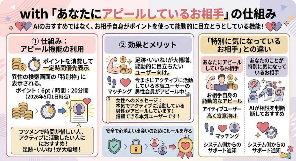 withの「あなたにアピールしているお相手」機能の仕組みとメリットの解説図（AI生成イメージ）
