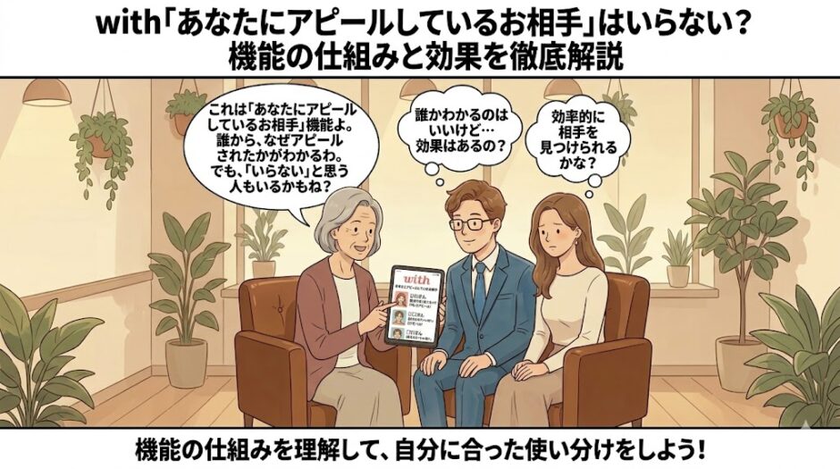 マッチングアプリ「with」の「あなたにアピールしているお相手」機能の仕組みと効果を解説しているイラスト（AI生成イメージ）
