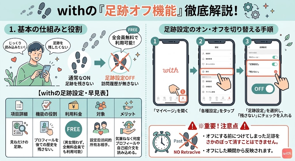 マッチングアプリ「with(ウィズ)」の足跡オフ機能について、訪問履歴（足跡）を残さない仕組み、無料利用、設定手順（マイページから各種設定、足跡設定、残さないにチェック）、メリット、注意点（過去の足跡はさかのぼって消えない）を、スマートフォン画面やイラストで分かりやすく図解（AI生成イメージ）