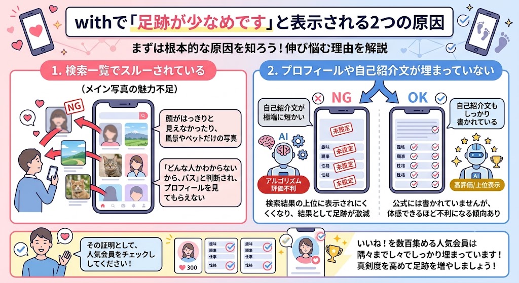withの「足跡が少なめ」の原因解説図（AI生成イメージ）