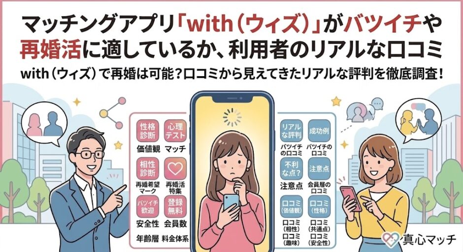 マッチングアプリ「with（ウィズ）」がバツイチや再婚活に適しているか、利用者のリアルな口コミのアイキャッチ画像（AI生成イメージ）