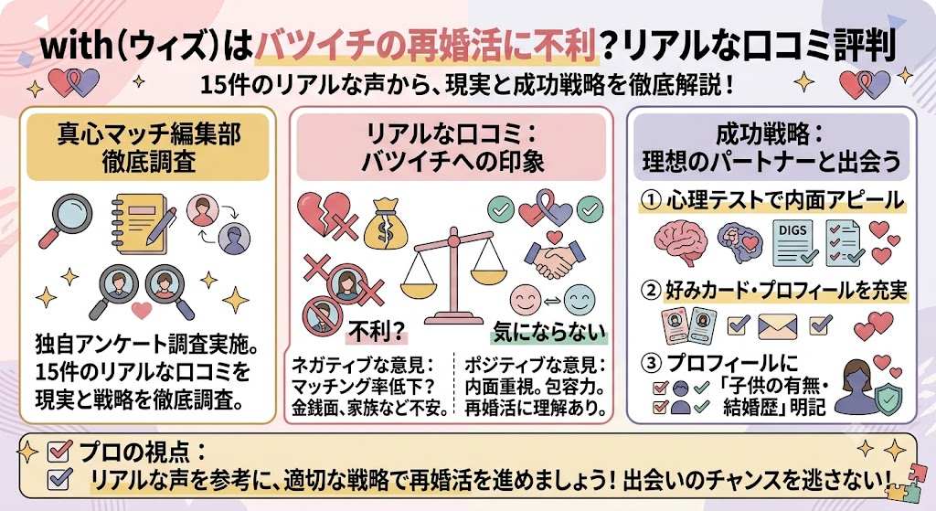 with(ウィズ)はバツイチの再婚活に不利?リアルな口コミ評判。15件の声に基づく現実と成功戦略の解説図。真心マッチ編集部徹底調査(AI生成イメージ)