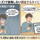 with（ウィズ）で課金タイミングを間違えて後悔する男性と、ベストなタイミングを知って喜ぶ男性の比較イラスト（AI生成イメージ）
