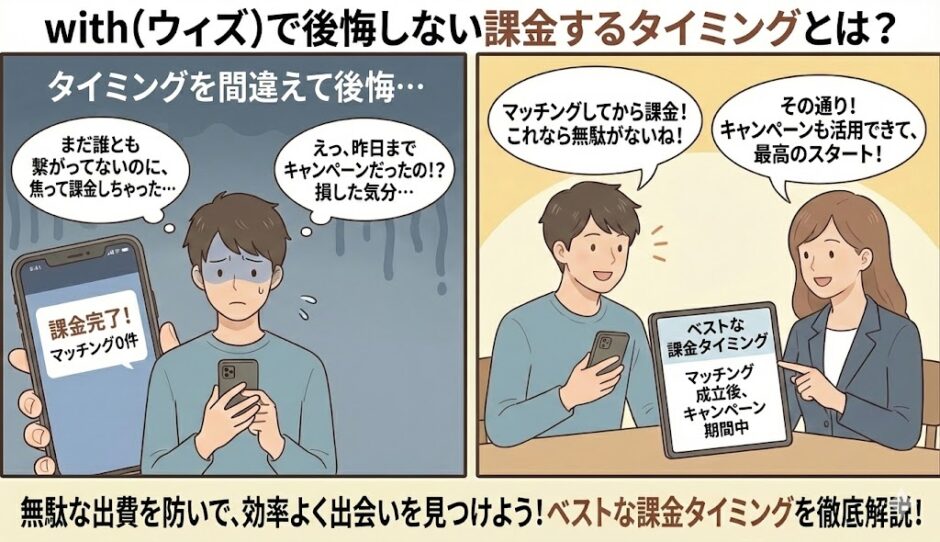 with（ウィズ）で課金タイミングを間違えて後悔する男性と、ベストなタイミングを知って喜ぶ男性の比較イラスト（AI生成イメージ）