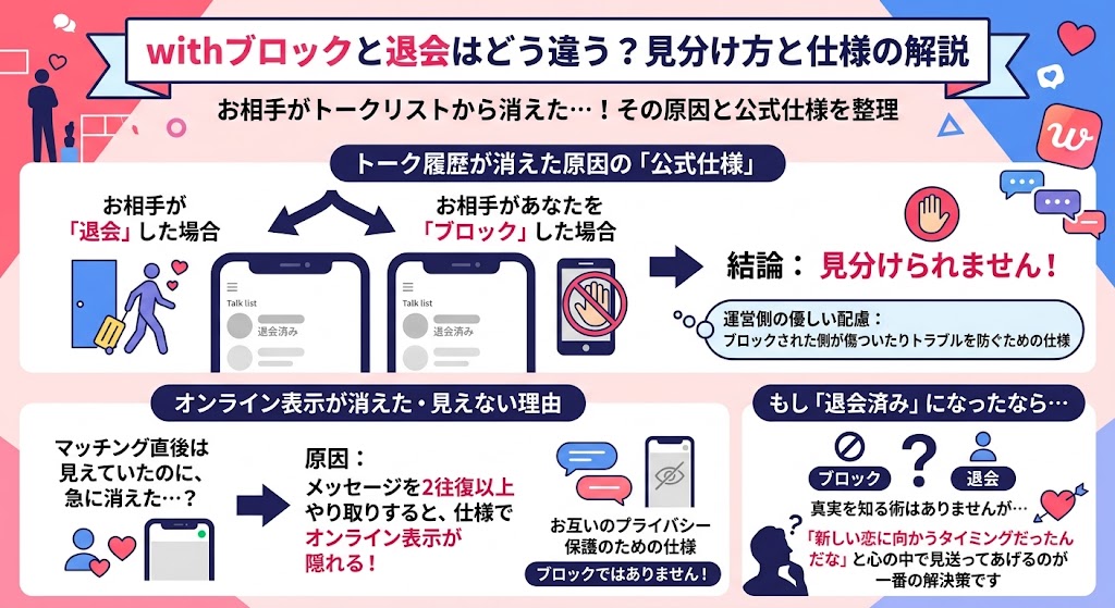 with(ウィズ)の「ブロック」と「退会」の違い。トーク履歴が消えた場合、公式仕様ではどちらも「退会済み」と表示され、見分けられないことを解説した図(AI生成イメージ)