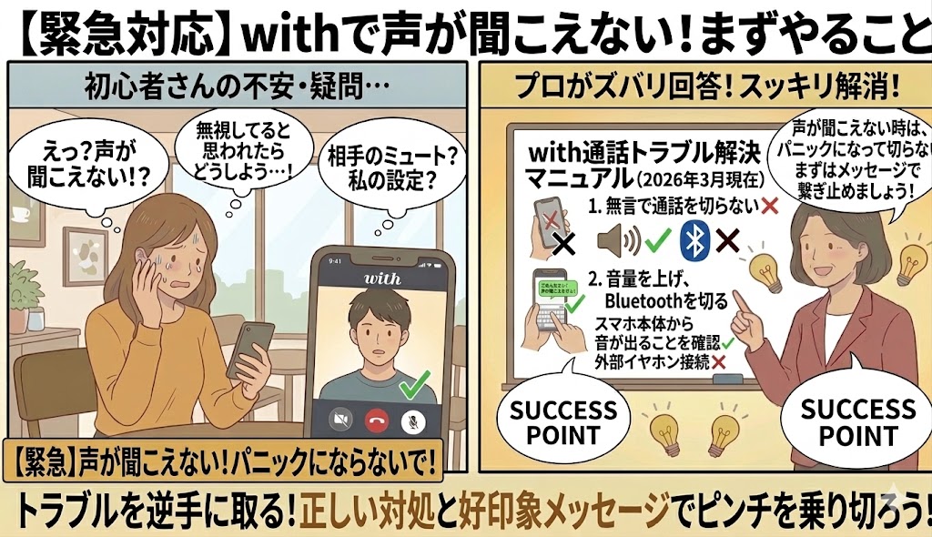 withで通話中に声が聞こえないトラブルの緊急対応法として、「焦って切らずにメッセージを送る」ことと、「スマホ音量・Bluetooth接続を確認する」ことの2つの重要な初期アクションを、プロのアドバイザー(女性)が図解で解説する2コマ漫画風イラスト(AI生成イメージ)