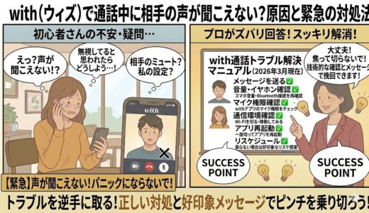 withで通話中に相手の声が聞こえないパニック状態の初心者女性に、プロのアドバイザーがメッセージ送信、音量確認、マイク権限、通信環境、アプリ再起動、リスケジュールなど具体的な緊急対処法を解説する2コマ漫画風イラスト（AI生成イメージ）