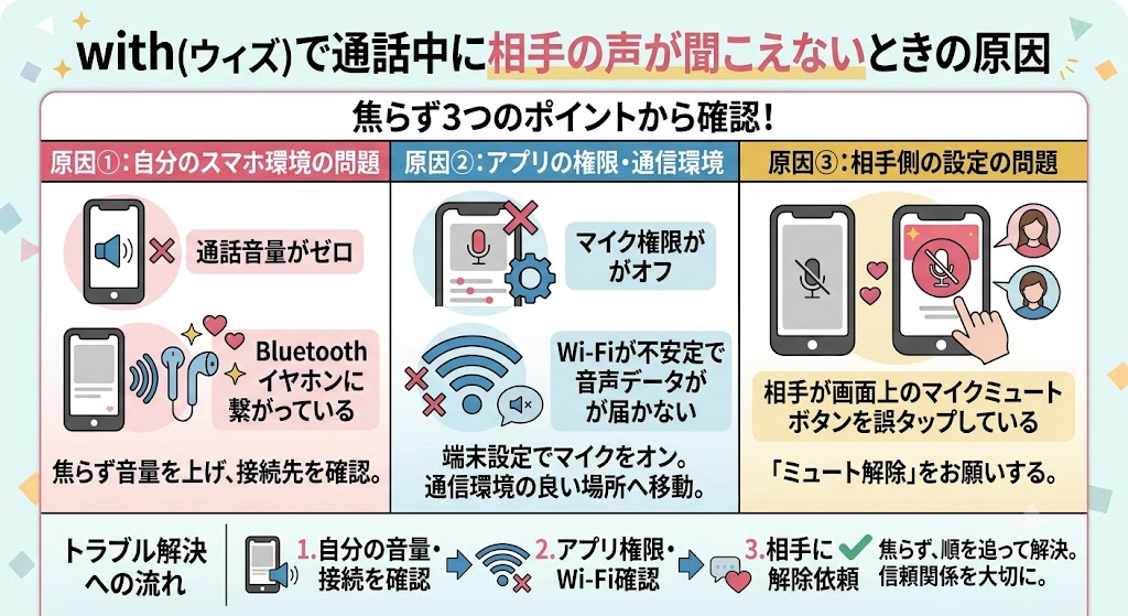 withの通話で声が聞こえない原因3つとトラブル解決フローの図解。音量、アプリ権限、ミュート誤タップの確認ポイント（AI生成イメージ）