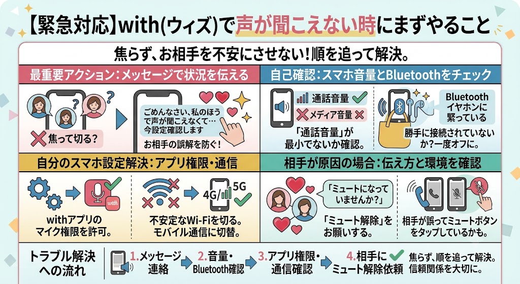 インフォグラフィック：「【緊急対応】with（ウィズ）で声が聞こえない時にまずやること」。焦らず4ステップで解決：1. メッセージ連絡（誤解防止）、2. スマホ音量・Bluetooth確認、3. アプリ権限・通信環境（Wi-Fiオフ）解決、4. 相手にミュート解除依頼。信頼関係を大切に。（AI生成イメージ）