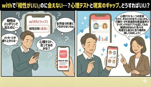 withで相性がいいのに会えない悩みと心理テストのギャップについてのイラスト（AI生成イメージ）