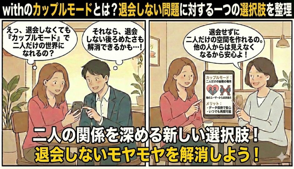withの「カップルモード」機能の仕組みとメリットを解説したマンガ風アイキャッチ。退会せずに二人だけの空間を作れることに安心する男女と、非表示設定のメリットを説明するガイド役が描かれています。（AI生成イメージ）