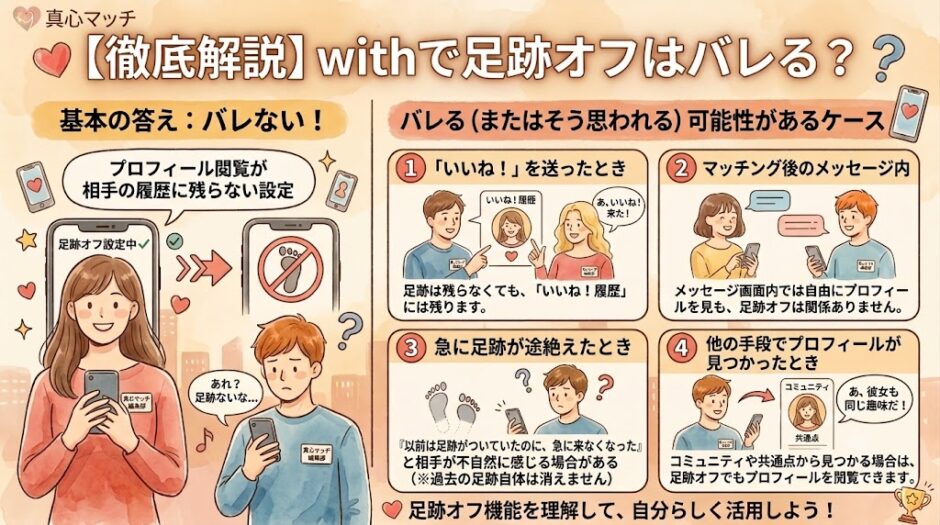 「withで足跡オフはバレる？」仕組みとバレる例外を解説するインフォグラフィック（AI生成イメージ）