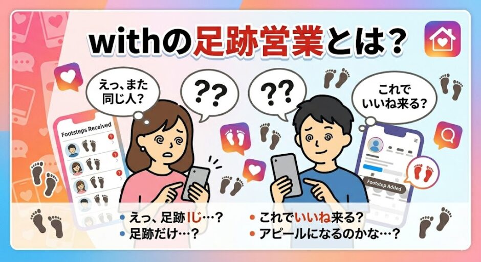 「withの足跡営業とは？」というタイトルの記事アイキャッチ。スマホを見ながら「？？」と困惑する男女と、たくさんの足跡アイコンが描かれたイラスト（AI生成イメージ）