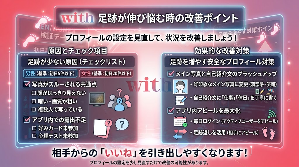 マッチングアプリ「with」足跡が少ない時の改善対策とプロフィールの見直しポイントチェックリスト（AI生成イメージ）