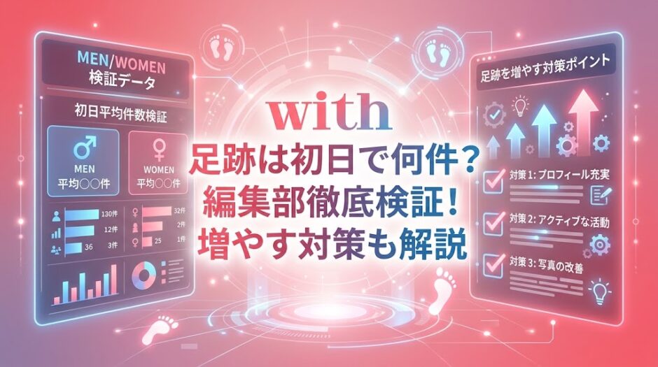 withの初日足跡件数検証データと、件数を増やす対策をまとめたインフォグラフィック（AI生成イメージ）