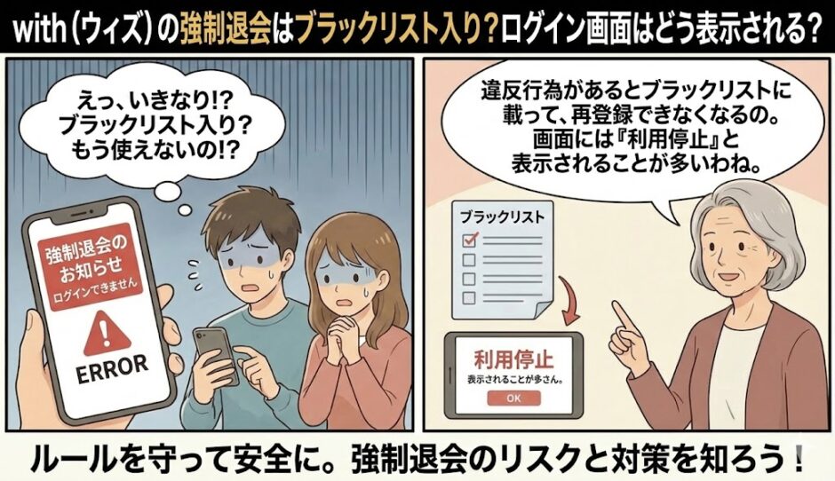 「with（ウィズ）の強制退会はブラックリスト入り？ログイン画面はどう表示される？」のアイキャッチ画像。強制退会の警告画面を見て焦る男女と、ブラックリスト入りの仕組みやログイン画面の表示について解説する女性のマンガ風イラスト（AI生成イメージ）