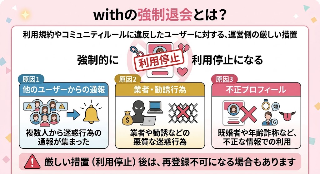 インフォグラフィック：「withの強制退会とは？」。利用規約やコミュニティルール違反に対する厳しい措置（利用停止）。原因3点：複数通報、業者・勧誘行為、不正プロフィール（既婚・年齢詐称）。（AI生成イメージ）