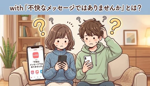 「with『不快なメッセージではありませんか』とは？」というタイトルテキストと、スマートフォンを見て困惑している男女のイラスト（AI生成イメージ）