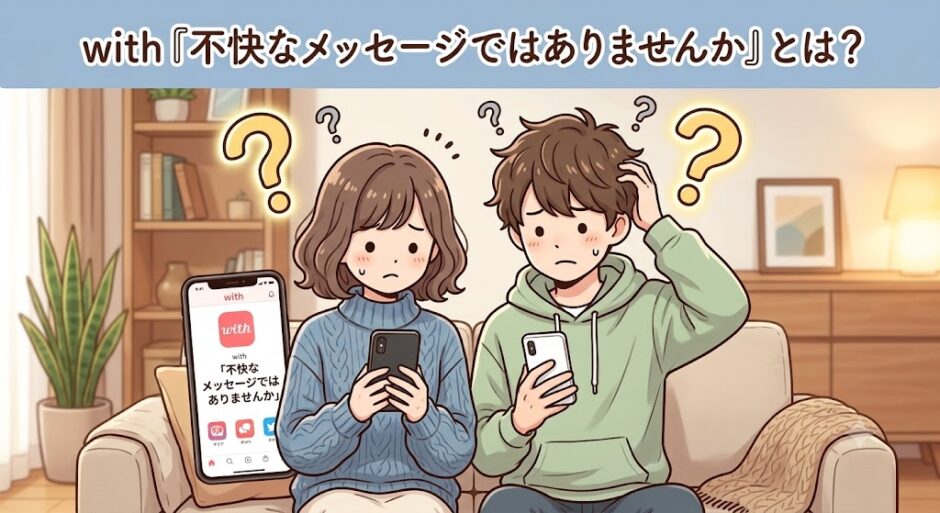 「with『不快なメッセージではありませんか』とは？」というタイトルテキストと、スマートフォンを見て困惑している男女のイラスト（AI生成イメージ）
