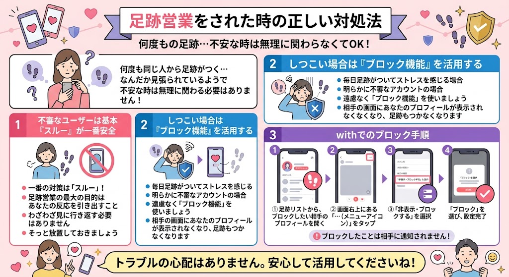 with「足跡営業」の正しい対処法を解説した図(AI生成イメージ)