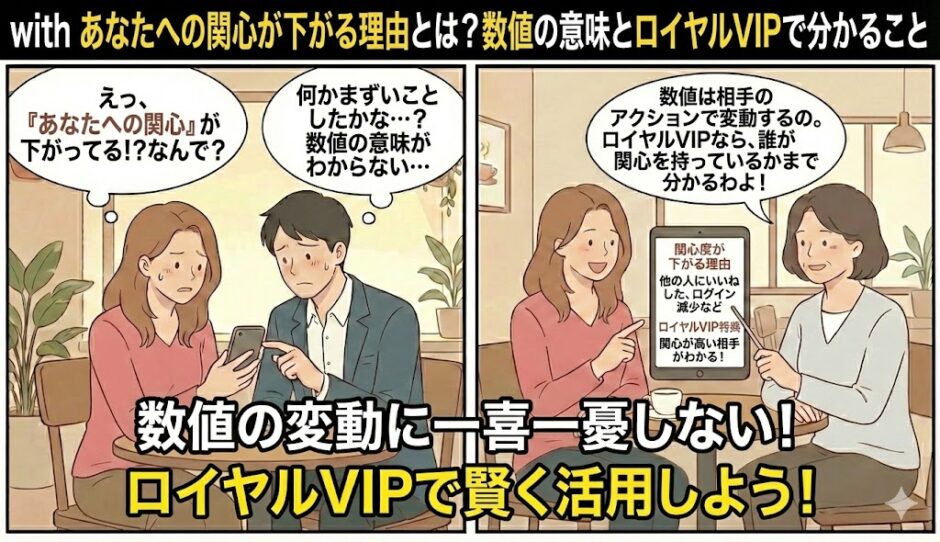 withの「あなたへの関心」が下がる理由と数値の意味、ロイヤルVIPのメリットを解説したマンガ風アイキャッチ。数値に戸惑う男女と、変動の仕組みを解説するガイド役が描かれています。（AI生成イメージ）