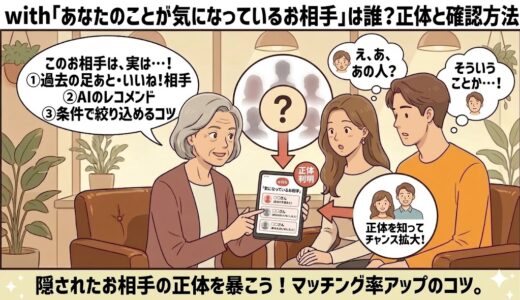 マッチングアプリ「with」の「あなたのことが気になっているお相手」機能について、年配女性のアドバイザーが若い男女に仕組み（足あと、いいね、AIレコメンドなど）と正体の確認方法を解説しているアイキャッチイラスト（AI生成イメージ）