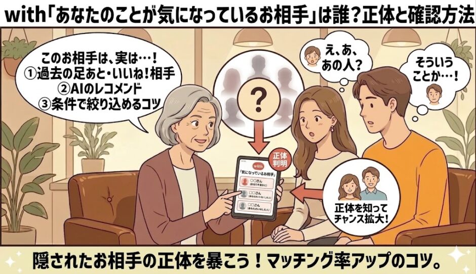 マッチングアプリ「with」の「あなたのことが気になっているお相手」機能について、年配女性のアドバイザーが若い男女に仕組み（足あと、いいね、AIレコメンドなど）と正体の確認方法を解説しているアイキャッチイラスト（AI生成イメージ）