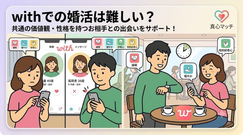 withでの婚活。趣味検索と共通価値観による出会いのインフォグラフィック（AI生成イメージ）