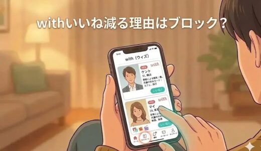 「withいいね減る理由はブロック？」というテキストと、マッチングアプリ「with」の画面が表示されたスマホを持つ男性のアイキャッチイラスト（AI生成イメージ）