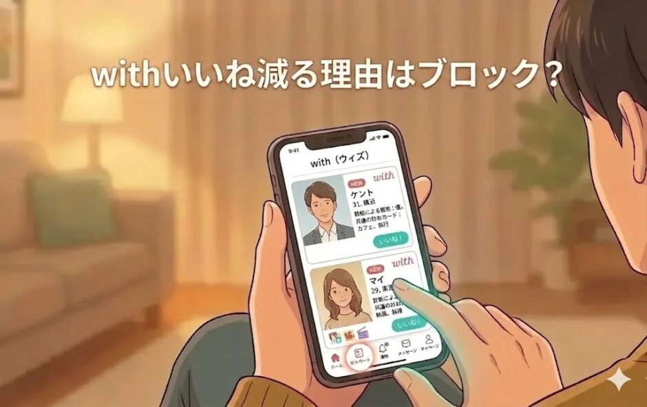「withいいね減る理由はブロック？」というテキストと、マッチングアプリ「with」の画面が表示されたスマホを持つ男性のアイキャッチイラスト（AI生成イメージ）