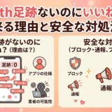 提案（要約・包括案）:マッチングアプリ「with」で足跡なしでいいねが来る理由（アプリの仕様、不審な業者）と、安全な対処法（ブロック、通報、プロフィール充実）をアイコンで解説するインフォグラフィック（AI生成イメージ）