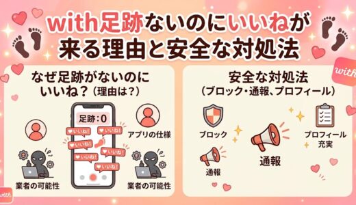 提案（要約・包括案）:マッチングアプリ「with」で足跡なしでいいねが来る理由（アプリの仕様、不審な業者）と、安全な対処法（ブロック、通報、プロフィール充実）をアイコンで解説するインフォグラフィック（AI生成イメージ）