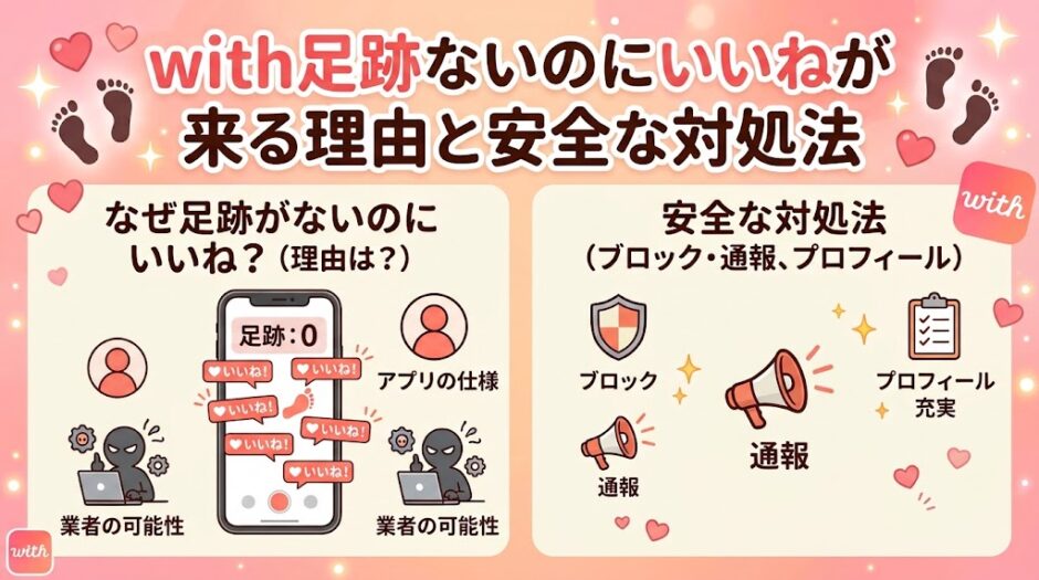 提案（要約・包括案）:マッチングアプリ「with」で足跡なしでいいねが来る理由（アプリの仕様、不審な業者）と、安全な対処法（ブロック、通報、プロフィール充実）をアイコンで解説するインフォグラフィック（AI生成イメージ）