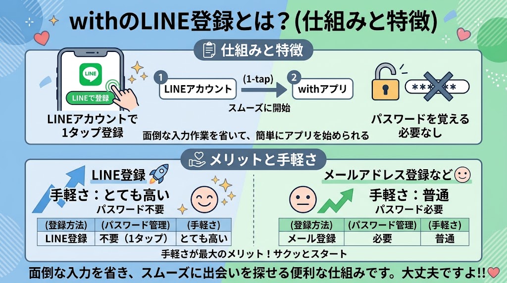 with『LINE登録』の仕組み、特徴、手軽さの総合解説画像。1タップ・パスワード不要・メール登録との比較表(AI生成イメージ)