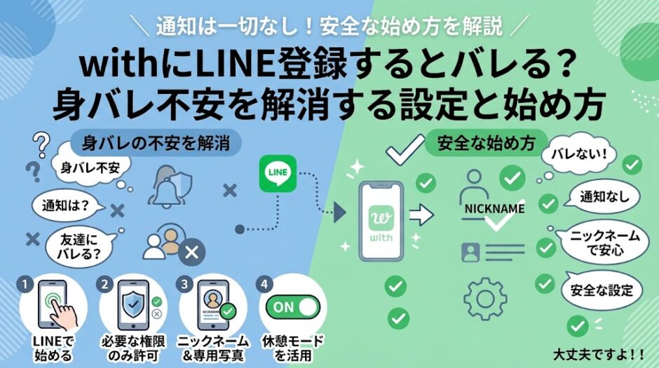 withのLINE登録で身バレしない？安全な始め方と設定のインフォグラフィック。通知なし。4つのステップを解説（AI生成イメージ）