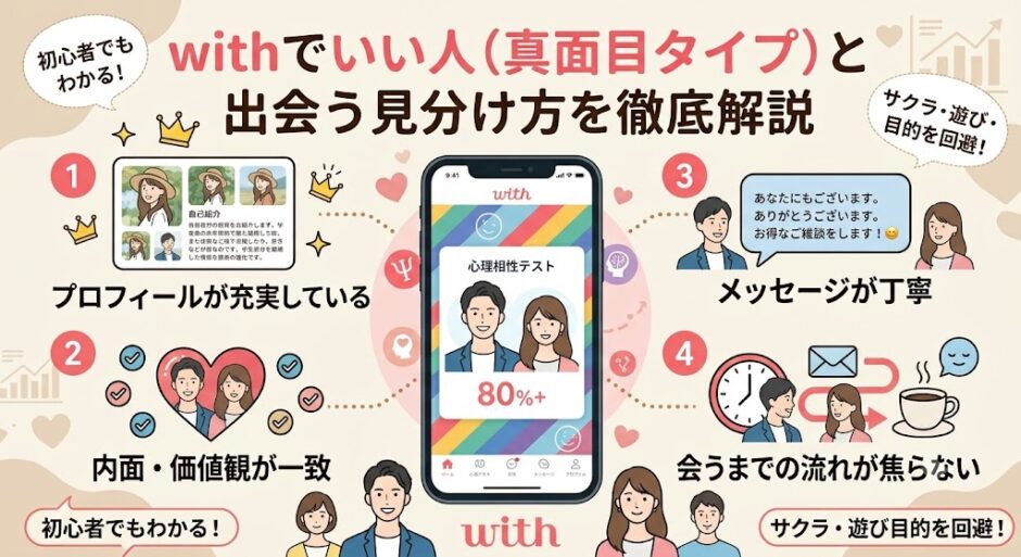マッチングアプリ「with(ウィズ)」でいい人（真面目タイプ）と出会う見分け方を徹底解説する初心者向けインフォグラフィック（AI生成イメージ）