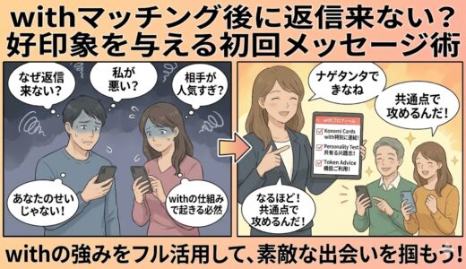 withでマッチング後に返信が来ない理由と、好印象を与える初回メッセージ術を解説するアイキャッチ画像（AI生成イメージ）