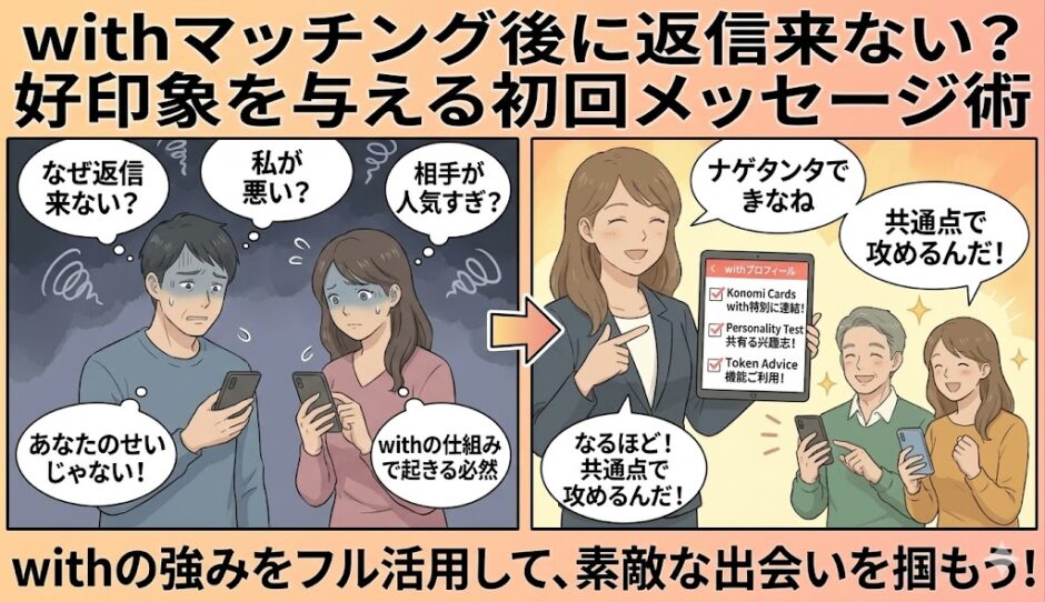 withでマッチング後に返信が来ない理由と、好印象を与える初回メッセージ術を解説するアイキャッチ画像（AI生成イメージ）
