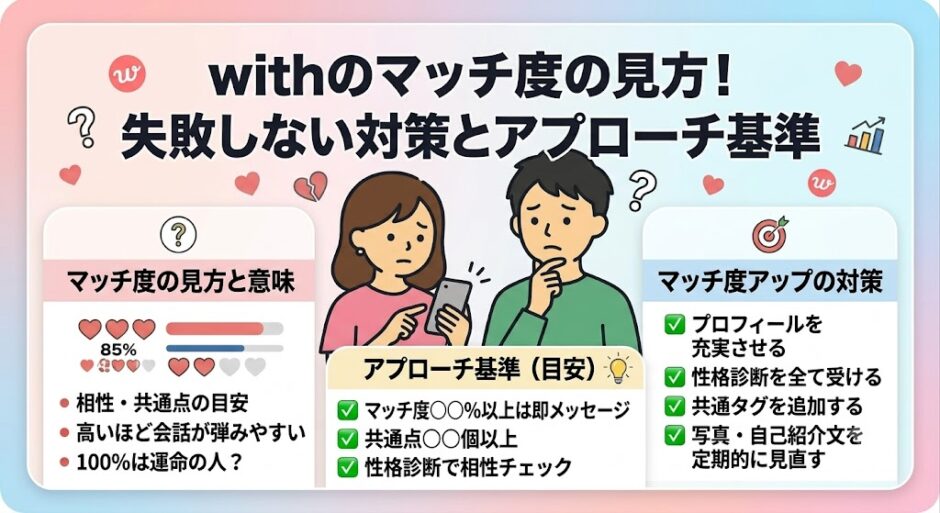 マッチングアプリwithのマッチ度解説アイキャッチ。見方、基準、対策をイラストで紹介（AI生成イメージ）