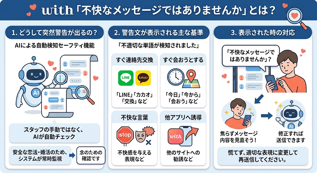 with「不快なメッセージではありませんか」警告の原因と対処法の解説図（AI生成イメージ）