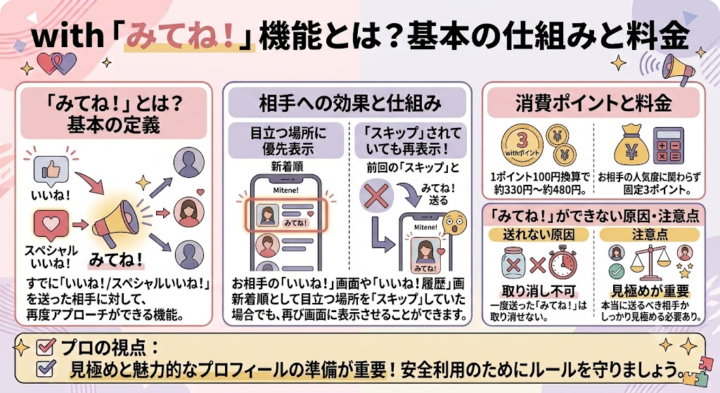 with（ウィズ）の「みてね！」機能の基本の仕組みと料金。すでにいいね！した相手への再アプローチ。効果、ポイント消費、制限事項の解説図（AI生成イメージ）