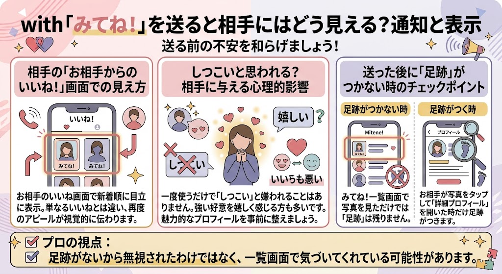 with（ウィズ）の「みてね！」機能の仕組み解説図。通知の見え方、相手への心理、足跡がつく仕組みなどをまとめたインフォグラフィック（AI生成イメージ）