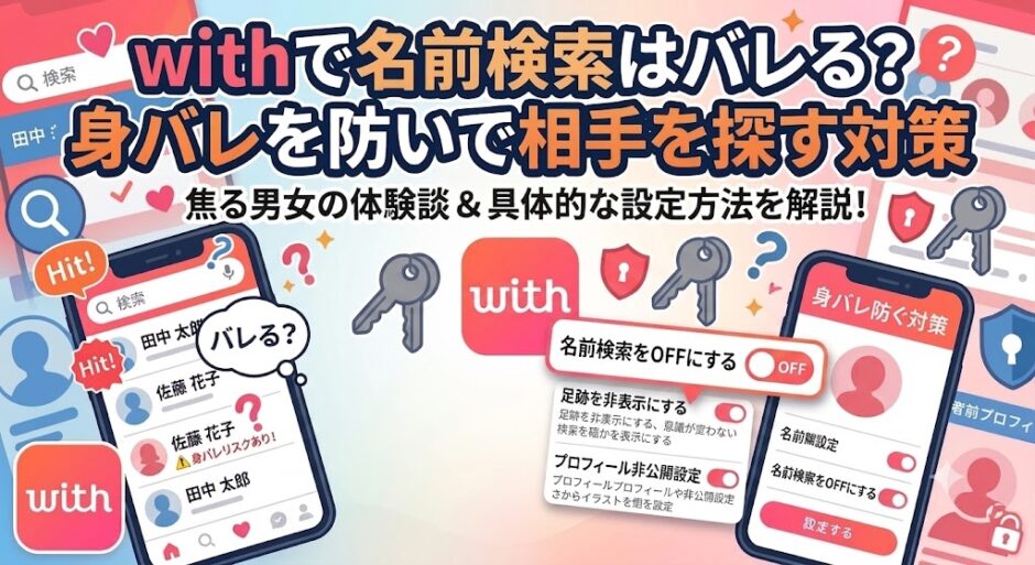 マッチングアプリ「with」で名前検索はバレる？身バレを防ぐための具体的な対策とプロフィール非公開設定方法を解説する記事のアイキャッチ画像（AI生成イメージ）