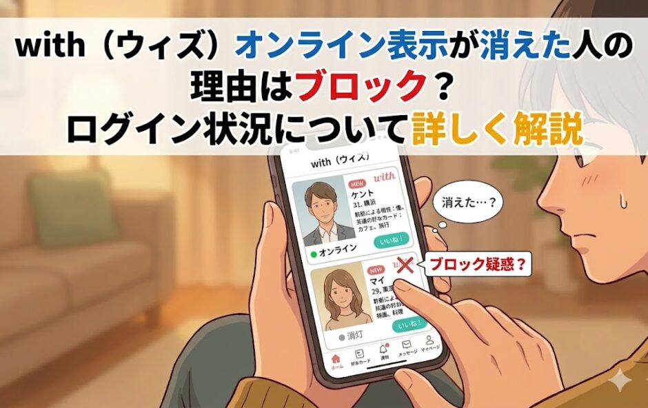 with（ウィズ）で相手のオンライン表示が消えた理由はブロックなのか、ログイン状況の仕組みを解説したスマホ画面の図解（AI生成イメージ）