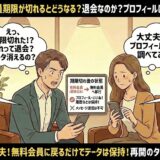 with（ウィズ）の有料会員期限が切れた後の状態（無料会員への移行やデータ保持）を解説したマンガ風アイキャッチ。期限切れに驚く男性と、Q&Aで詳細を確認する女性の様子が描かれています。（AI生成イメージ）