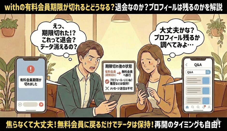 with（ウィズ）の有料会員期限が切れた後の状態（無料会員への移行やデータ保持）を解説したマンガ風アイキャッチ。期限切れに驚く男性と、Q&Aで詳細を確認する女性の様子が描かれています。（AI生成イメージ）