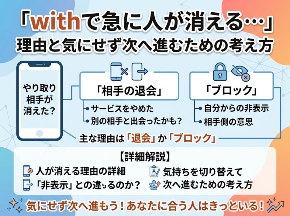 withで急に相手が消える理由（退会・ブロック）と前向きな考え方を解説したインフォグラフィック。（AI生成イメージ）
