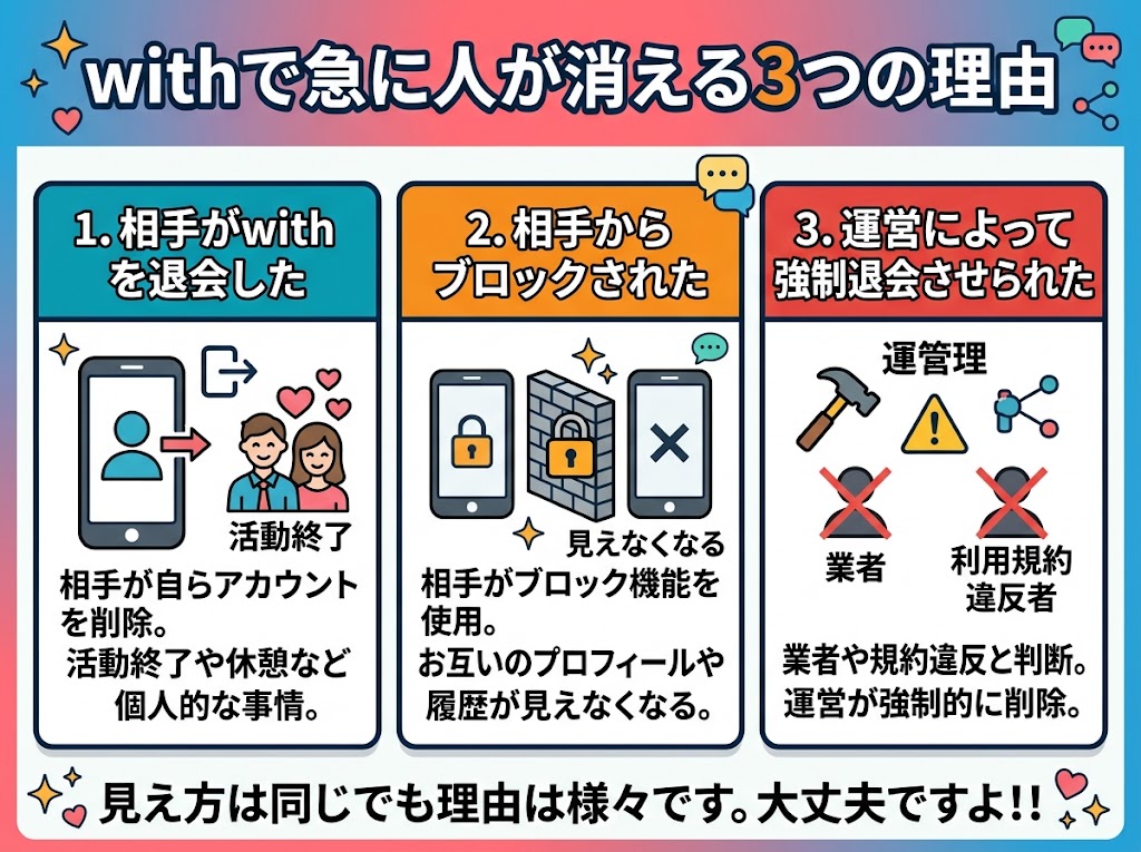 withで人が消える3つの理由(退会、ブロック、強制退会)を解説したインフォグラフィック。(AI生成イメージ)